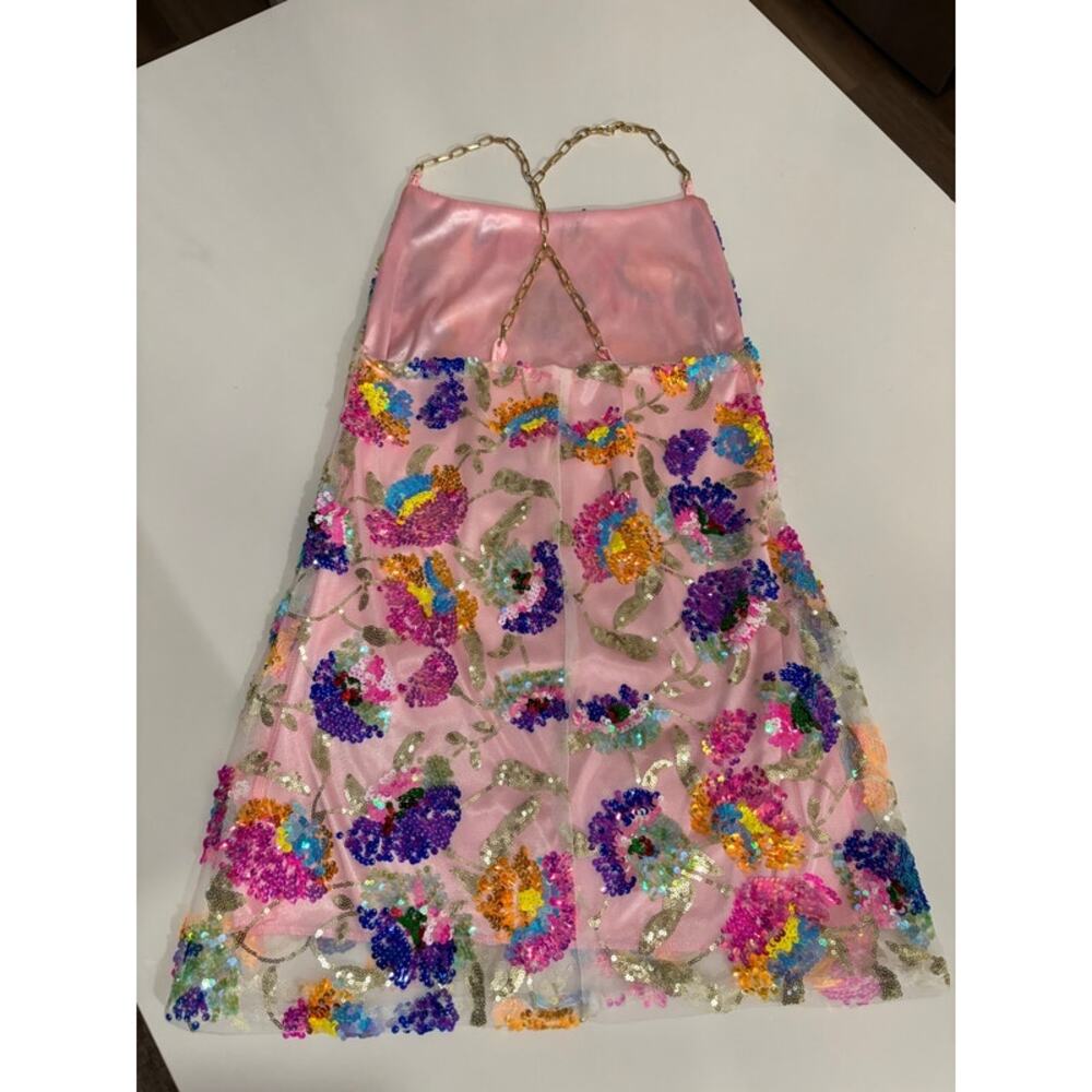 Pink Floral Sequin Mesh Halter Mini Dress Gold Chain Strap Festival Party Dress